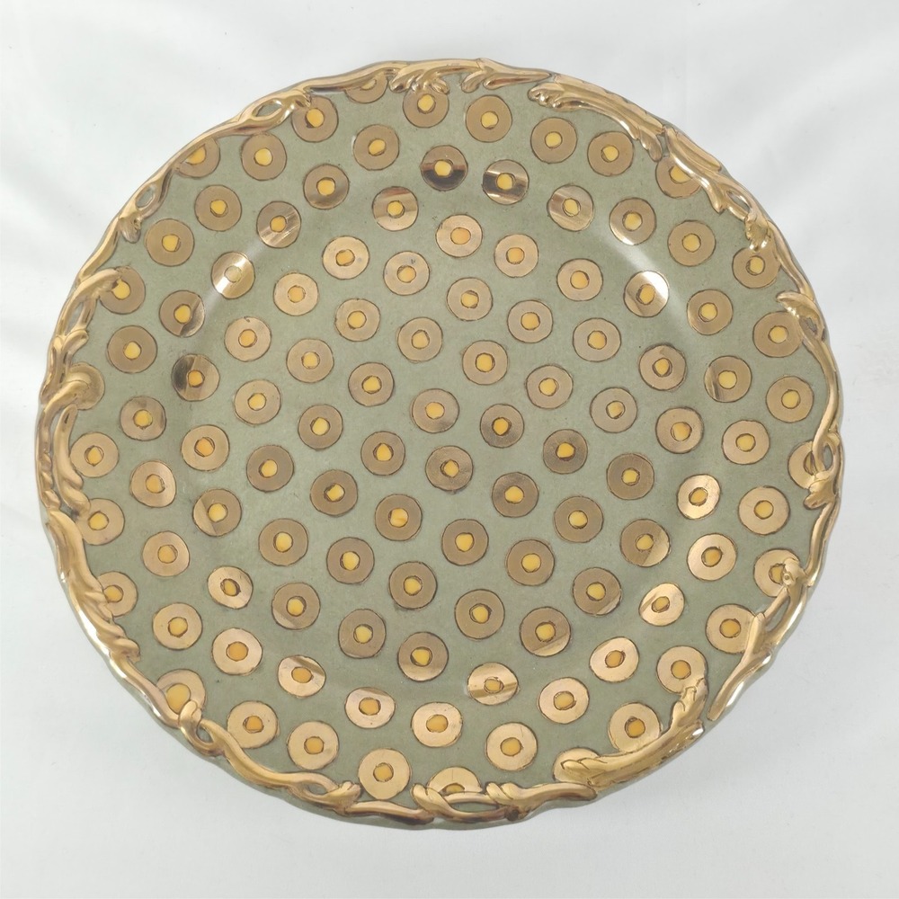 Japanese Art Pottery Plate Olive Green Gold MCM Decor 10.2" Wall Display